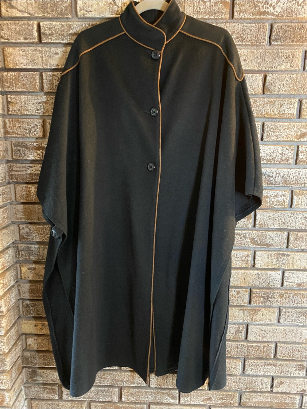 Women’s Unique Black Wool Cape with Contrast Piping